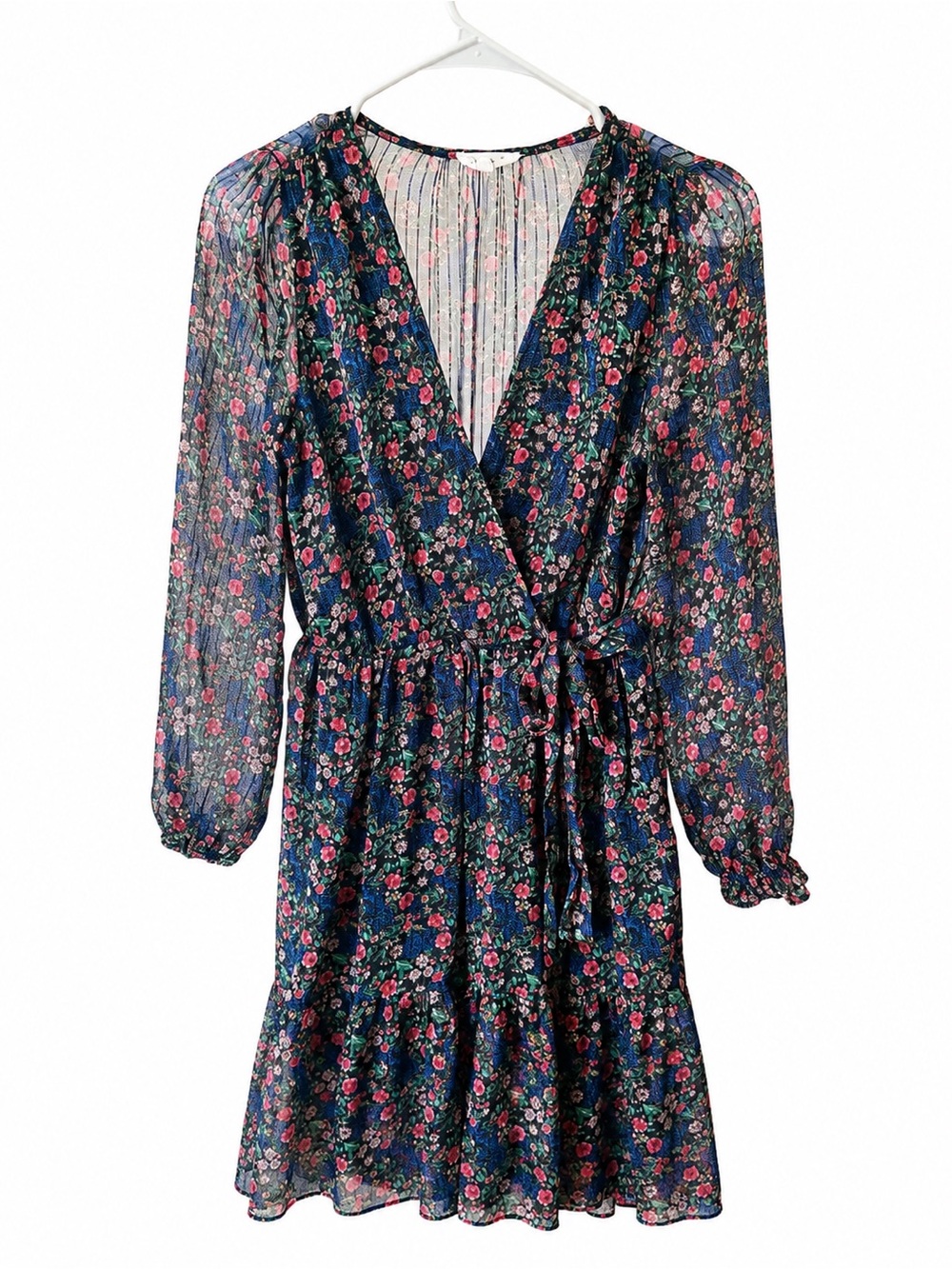 French Style Women's Navy Floral Wrap Dress with Pink Accent